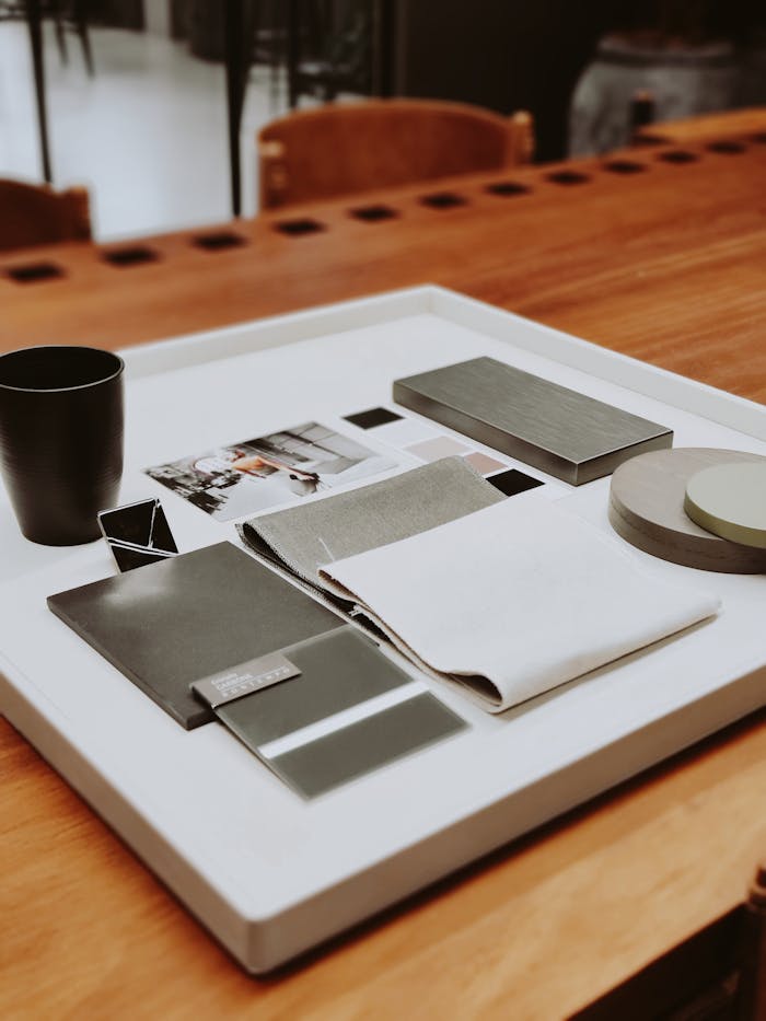 A collection of contemporary design samples and swatches arranged on a tray on a wooden desk.