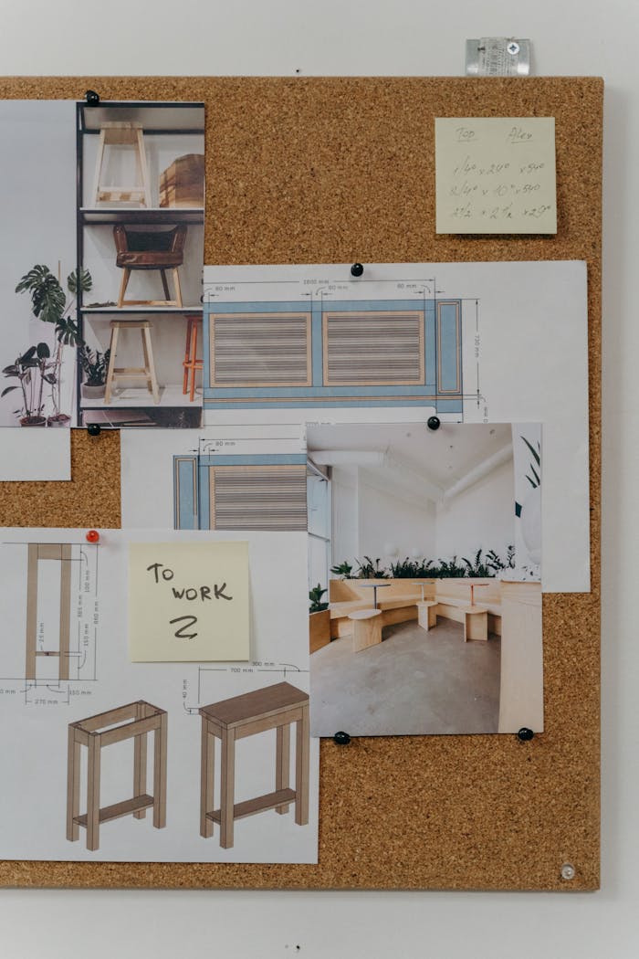 Cork board with interior design sketches and photos, showcasing creative workspace ideas.